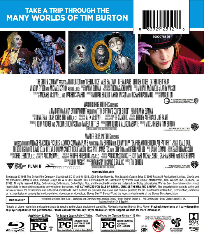 Beetlejuice / Charlie and the Chocolate Factory / Tim Burton's Corpse Bride [Blu-ray]