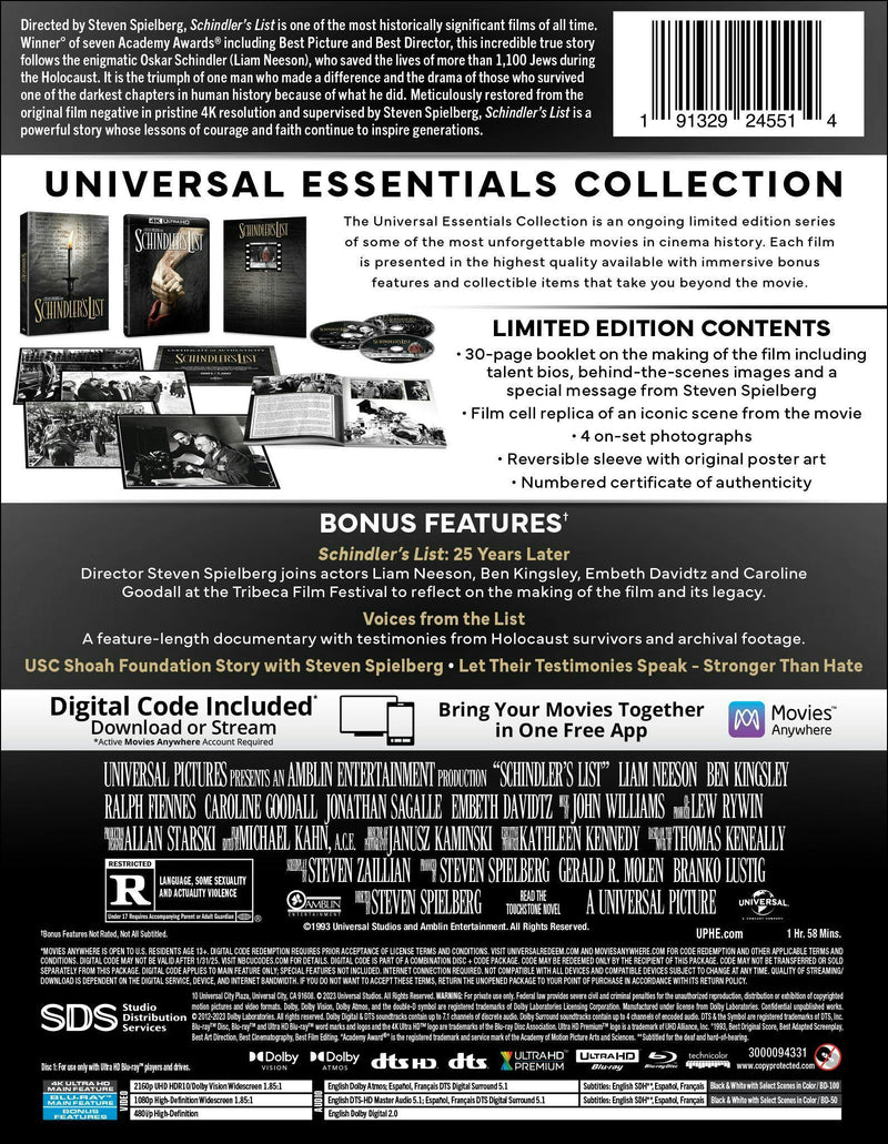 Schindler's List - Universal Essentials Collection (4K Ultra HD + Blu-ray (30th Anniversary)) [Blu-ray]