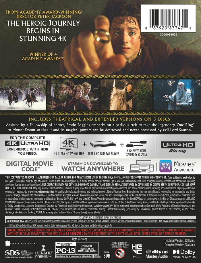 The Lord of the Rings: The Fellowship of the Ring – Theatrical & Extended Version (Limited Edition 4K Ultra HD Steelbook + Digital) [UHD]