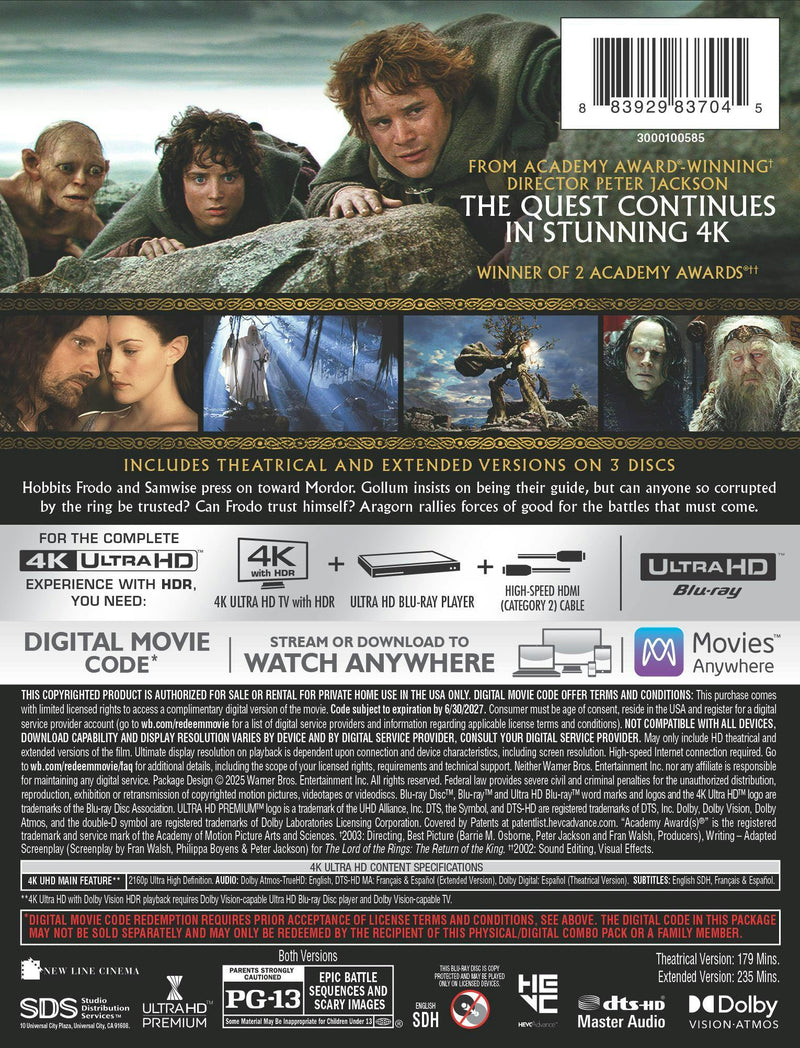 The Lord of the Rings: The Two Towers – Theatrical & Extended Version (Limited Edition 4K Ultra HD Steelbook + Digital) [UHD]