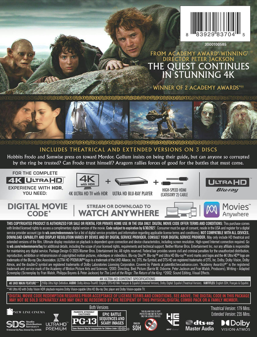 The Lord of the Rings: The Two Towers – Theatrical & Extended Version (Limited Edition 4K Ultra HD Steelbook + Digital) [UHD]