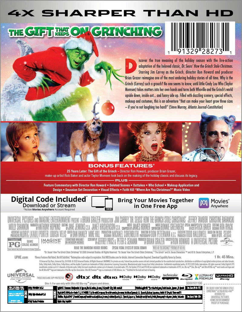 Dr Seuss How The Grinch Stole Christmas - 25th Anniversary Edition (Limited Edition 4K Ultra HD Steelbook + Blu-ray + Digital) [UHD]