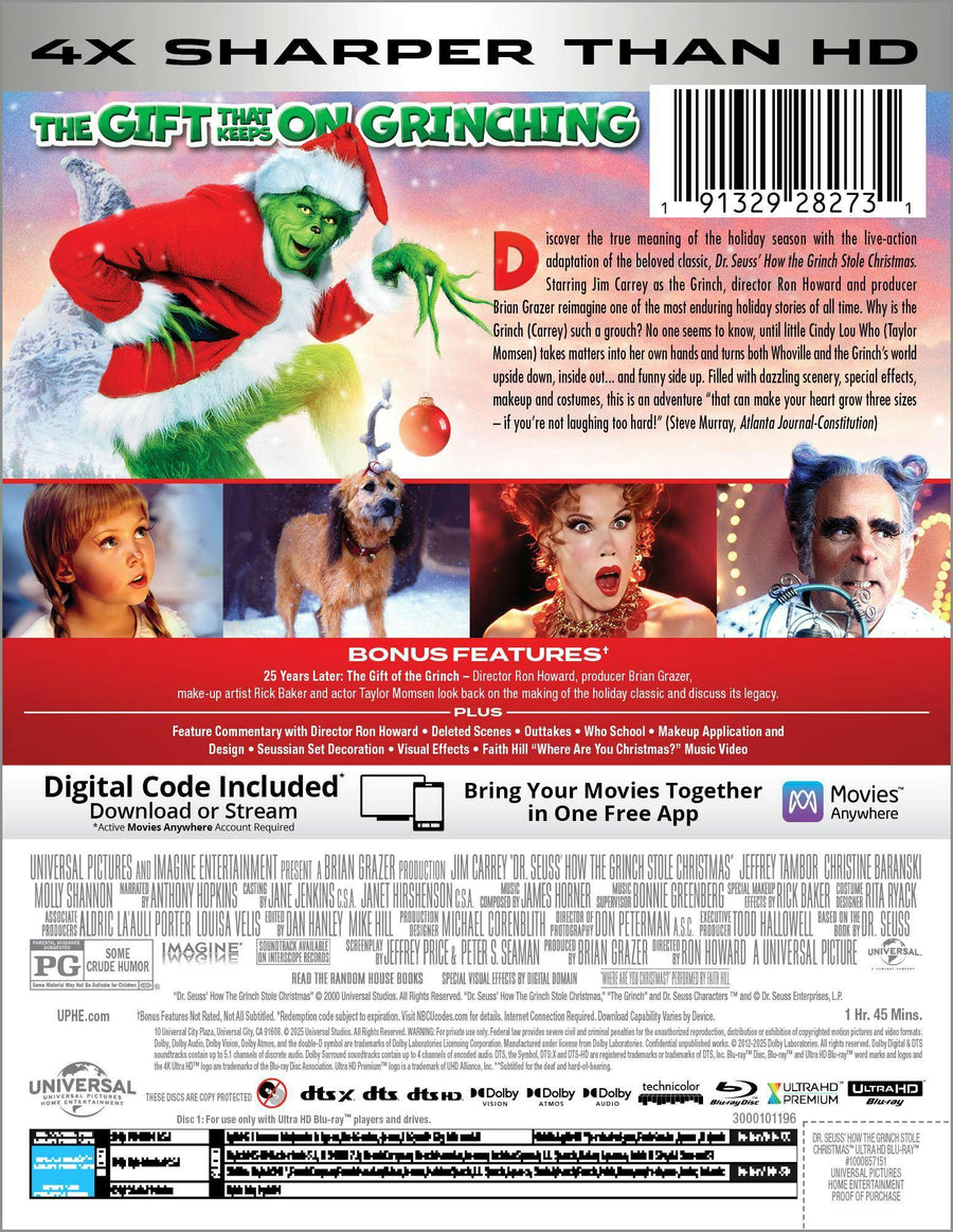 Dr Seuss How The Grinch Stole Christmas - 25th Anniversary Edition (Limited Edition 4K Ultra HD Steelbook + Blu-ray + Digital) [UHD]