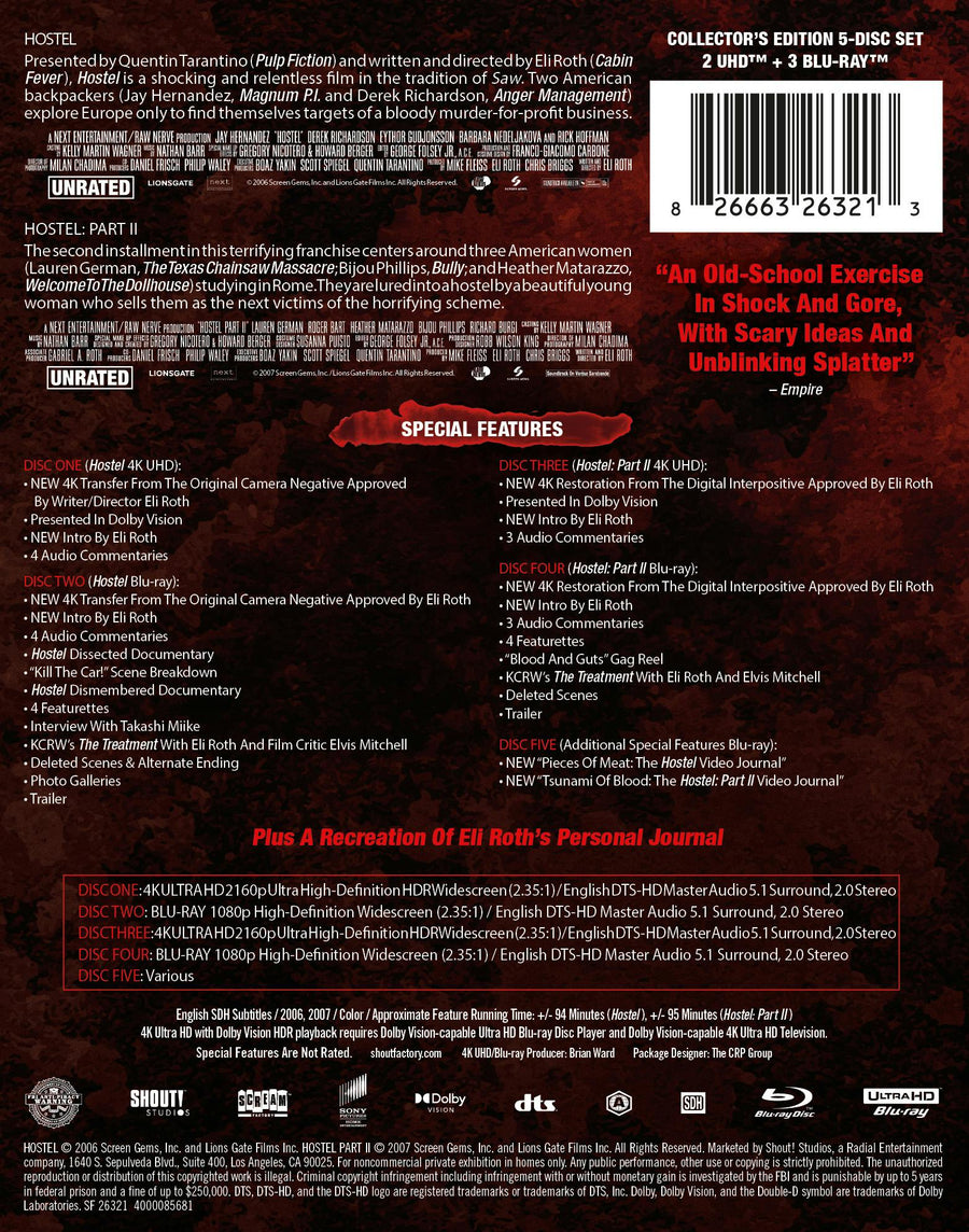 Hostel Parts I & II (20th Anniversary Edition) (Limited Edition 4K Steelbook Collection + Blu-ray) [UHD]