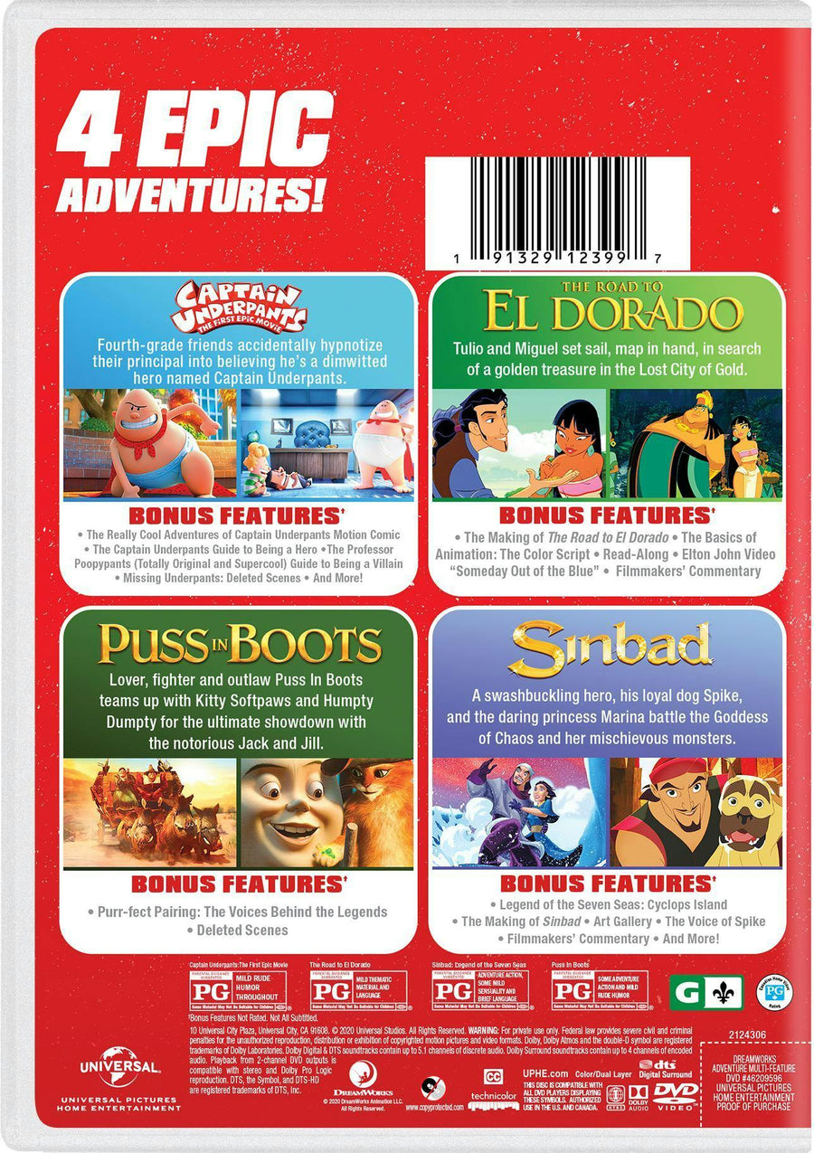 DreamWorks 4-Movie Collection (Captain Underpants: The First Epic Movie / The Road to El Dorado / Puss in Boots / Sinbad: Legend of the Seven Seas) [D