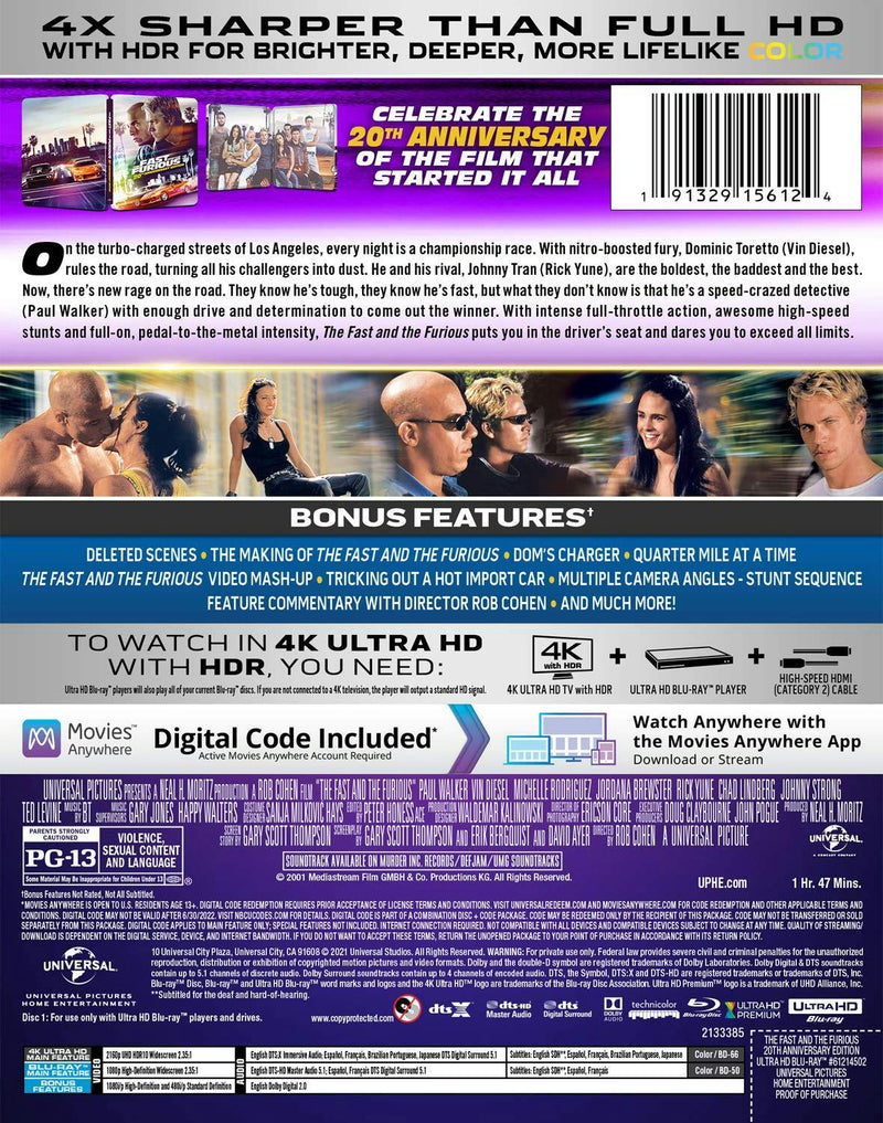 The Fast and the Furious Limited Edition Steelbook (Includes Blu-ray + Digital Code) [UHD]